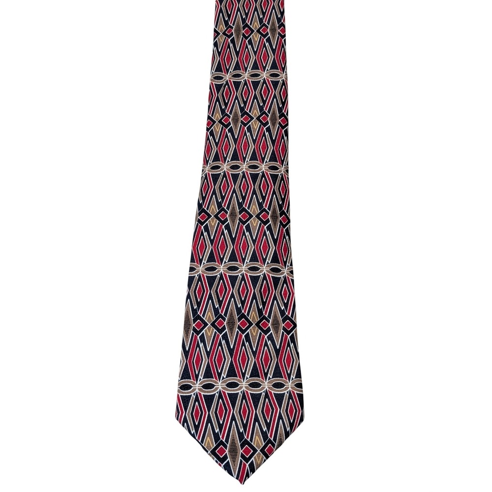 Botany 500 Necktie Mens Red Tan Black Geometric Diamond‎ Pattern Wide Silk-Look